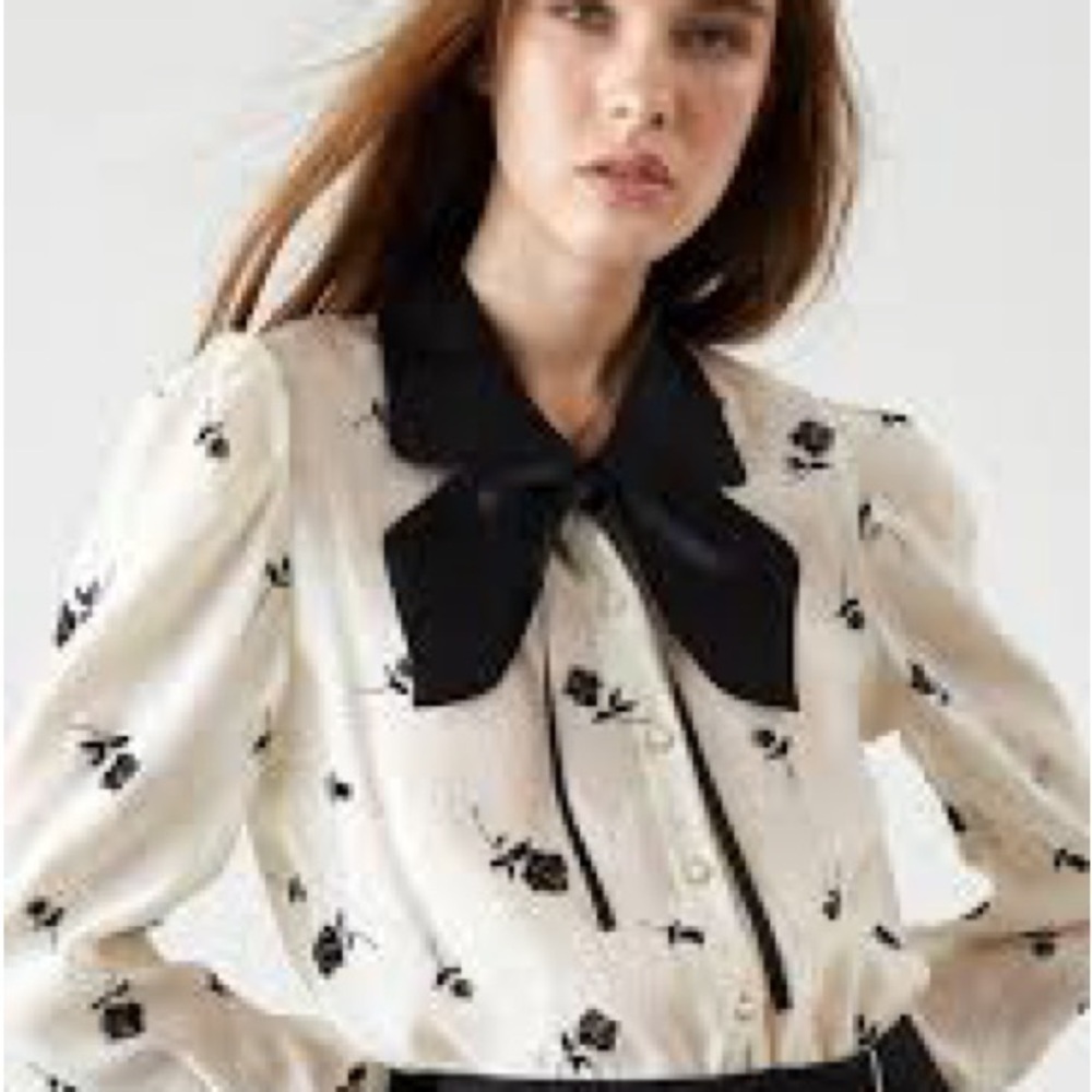 J.ING Bow Tie Blouse Cream Floral Pearl Button Romantic Office Top Small - Picture 14 of 14